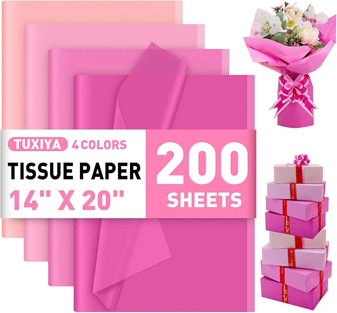 TUXIYA 200 Sheets Pink Tissue Papers for Gift Bags,14 x 20 Inch Mixed Pink Wrapping Tissue Paper Bulk for Gift Bags, Gift Wrap for Birthday Wedding Graduation DIY Crafts Holiday Flowers