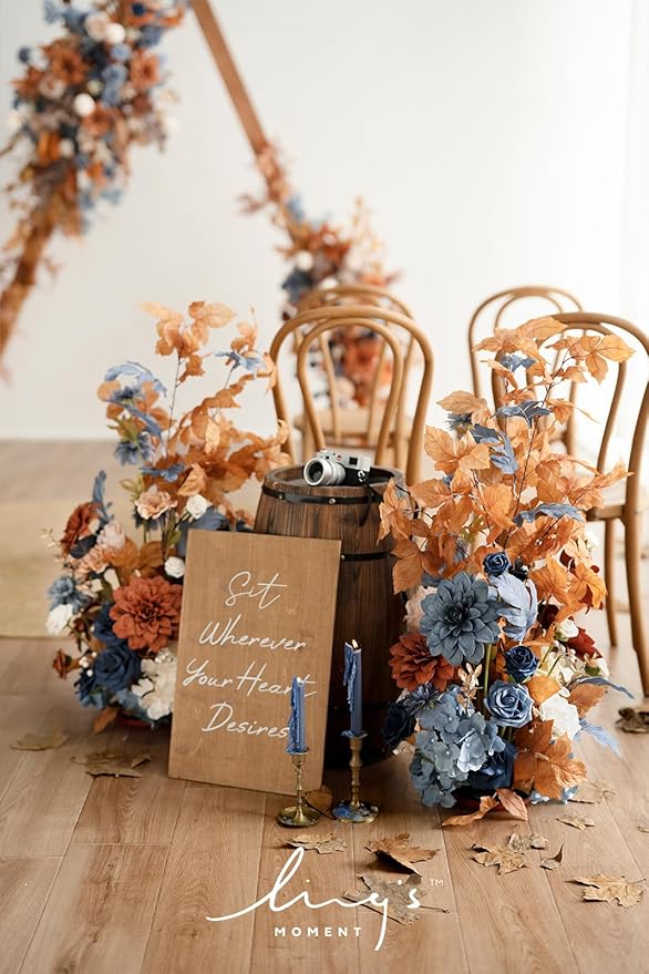 Ling's moment 41" Tall Fall Free Standing Artificial Flowers Arrangements 2 pcs Wedding Arch Altar Stage Decorations Russet Orange & Denim Blue for Ceremony Reception Church Backdrop Outdoor Party