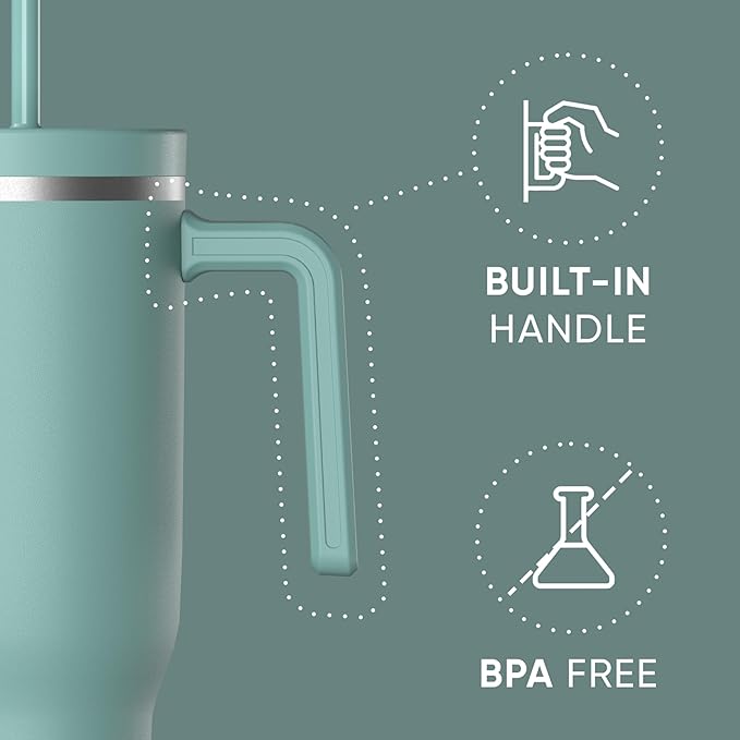 Hydrapeak Voyager 40 Oz Stainless Steel Tumbler with Handle, Insulated Water Bottle With Straw & Lid, Cupholder Friendly Reusable Travel Mug (Pale Sage)