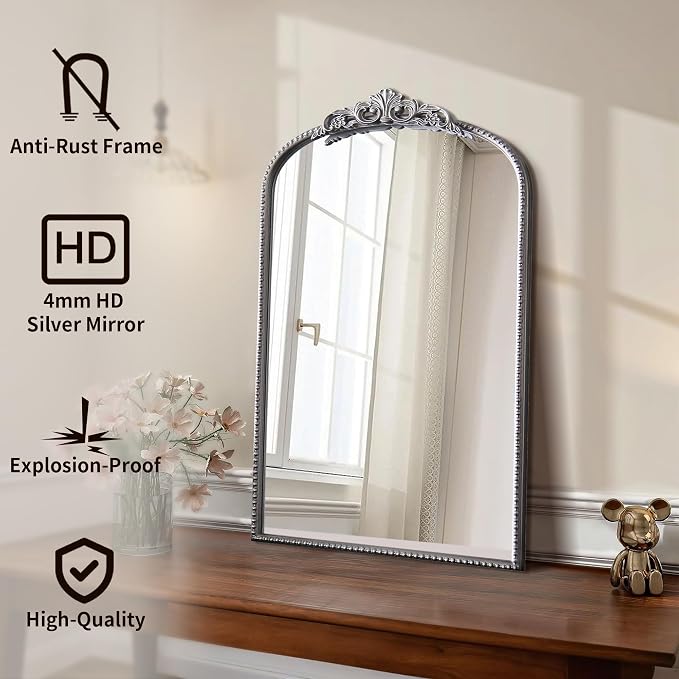 Micasso Vintage Arched Silver Mirror: 31"x19" French Baroque Antique Mirror - Traditional Ornate Decorative for Wall/Bathroom/Entryway/Fireplace/Hallway - Home Decor for Living Room