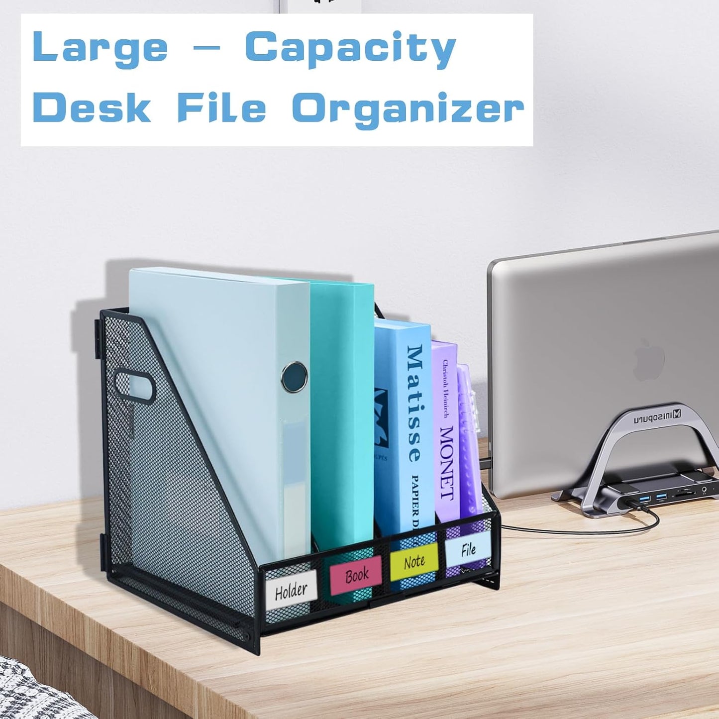 Skiennix Metal Magazine File Holder - Stylish Desktop Organizer with 4 Vertical Compartments for Home & Office