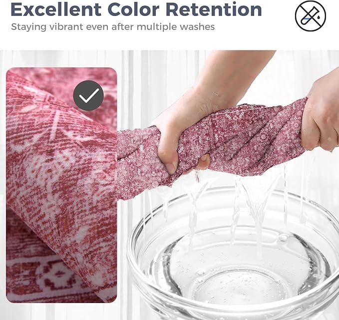 OPPODREAM Vintage Hot Pink Area Rugs 5x7, 5 x 7 Retro Washable Rug Non Slip, Low-Pile Faux Wool Carpet, Distressed Floor Mat for Living Room, Bedroom, Kitchen, Office, Dorm, Dinning Room