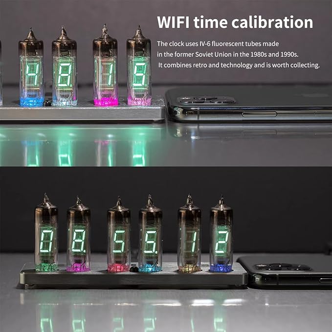 Nixie Tube Clock Digital with WiFi Auto-Sync, Voice Alarm, 15 Color Backlight, 9 Display Effects, Vintage Desk Clock for Home Office Decor