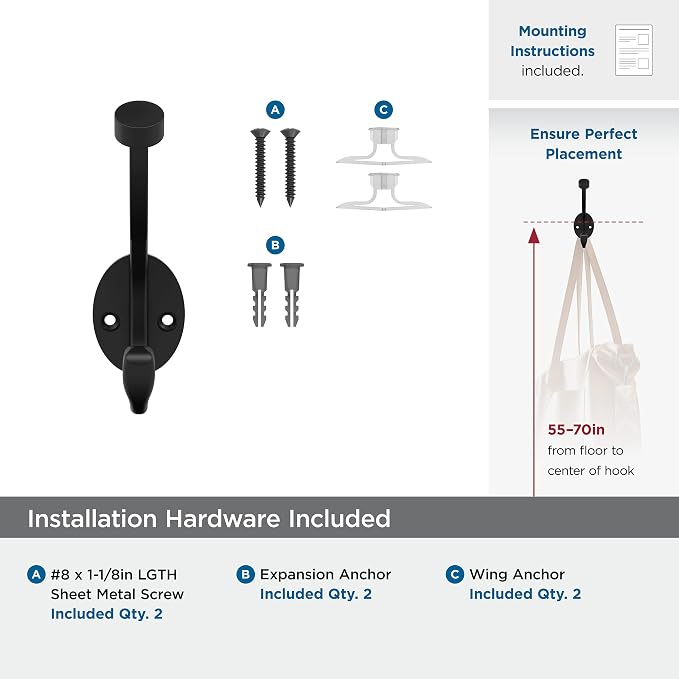 Amerock H55465MB | Adare Double Prong Decorative Wall Hook | Matte Black Hook for Coats, Hats, Backpacks, Bags | Hooks for Bathroom, Bedroom, Closet, Entryway, Laundry Room, Office