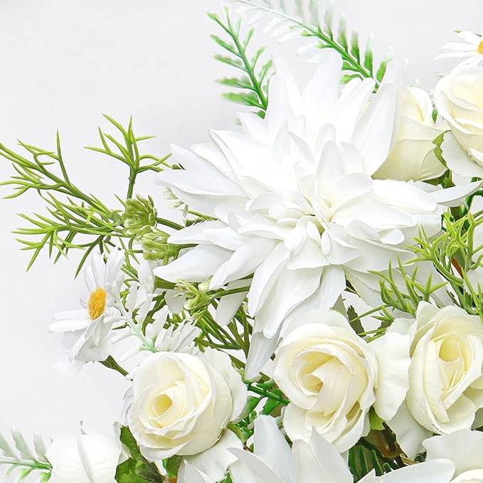 2PCS Artificial Flowers Dahlia Bouquet Fake Flowers White Silk Roses Daisies Faux Floral Arrangements for Dining Table Centerpieces for Kitchen Bridal Bouquet Wedding Party Home Decor