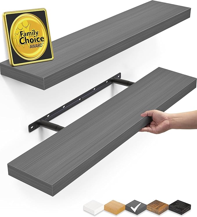 BAYKA Floating Shelves Set of 2, 22.5 inches Rustic Wood Wall Mounted Shelves for Bathroom, Bedroom, Living Room, Kitchen, Hanging Shelf for Books/Storage/Decor,Grey