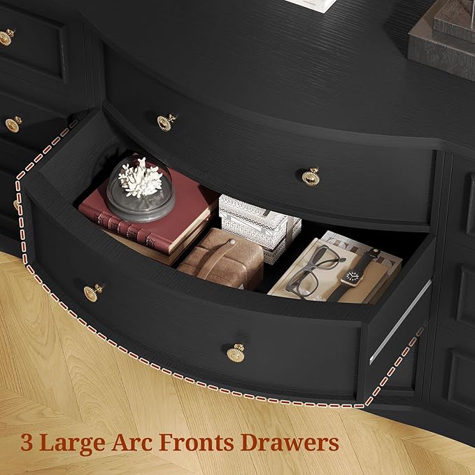 9-Drawer Chest, Wide Dresser with 3 Large Arc Fronts,Roman Column Decor, Spacious Bedroom Storage Furniture, 55 Inch Long (Black, 9 Drawer)