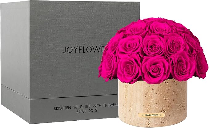 JoyFlower Preserved Flowers Vase, Yellow Cave Stone Flower Vases for Centerpieces, Fuchsia Eternal Roses Decorations for Party Home Living Room Bedroom Table, Decorative Flower Vase House Decor