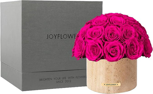 JoyFlower Preserved Flowers Vase, Yellow Cave Stone Flower Vases for Centerpieces, Fuchsia Eternal Roses Decorations for Party Home Living Room Bedroom Table, Decorative Flower Vase House Decor