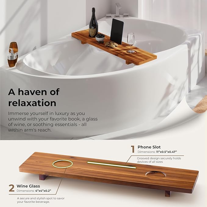 Tinamo Acacia Bathtub Caddy Tray Table | 35x9 Inch Large Bath Tub Wooden | Anti-Tipping, Sustainable Tub Tray for Bath tub | Bath-tub Accessories Holders for Bath-tub (Acacia, 35" x 9" x 2.5")
