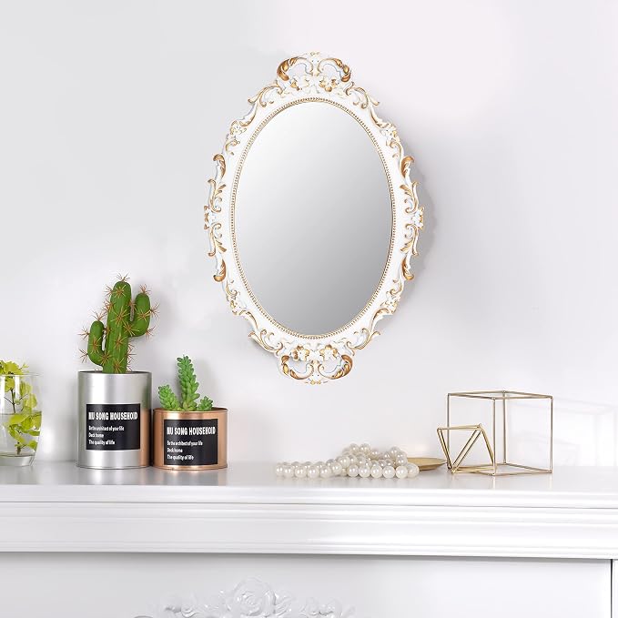 Tstarer 2 Pack - Vintage Decorative White Framed Mirror, Wall Hanging Mirrors & Tabletop Tray for Bedroom Living Room Dresser Decor, Oval- 9.6" W x 14.3" L (WHITE-2PACK)