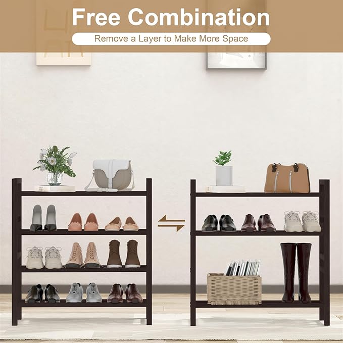 Haddockway Bamboo Shoe Rack for Closet, Free Standing Shoe Organizer with Smooth Round Rods & Convenient Handles, Stackable Shoe Storage Shelf for Entryway, Hallway(Brown, 4-Tier(Small))