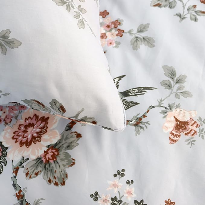 FADFAY Duvet Cover Set Full Elegant Floral Bedding Shabby Grey Bird Print Flower Quilt Cover Set Vintage Farmhouse Bedding 100% Cotton Soft Comforter Cover Set with Zipper Closure 3Pcs, Full Size