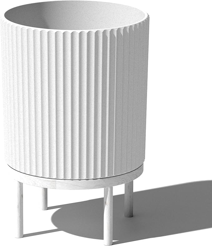Veradek Demi Series Round Planter w/ Stand for Porch/Patio | Durable Plastic-Stone composite & Wooden Stand | Modern Décor for Tall Plants, Flowers