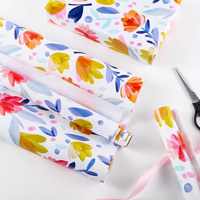 Miss DuiDui Foral Gift Wrapping Paper Rolls, 17 inch x 32.8 feet, Multi-Color - Watercolor Flower Design for Birthday, Bridal Shower, Mother's Day, Birthday, Wedding, Party, Holiday