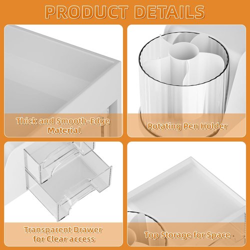 Marbrasse Desk Organizer - 360° Rotating Pen Holder & 2 Drawer Storage | White Art Supply Caddy