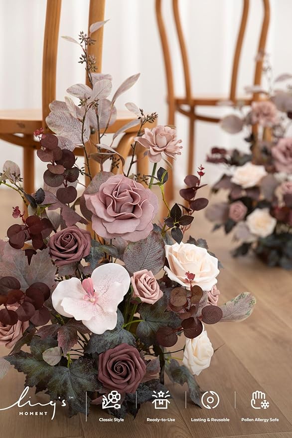 Ling's moment 17.5" Tall Free Standing Artificial Flowers Arrangements 2 pcs Wedding Aisle Runner Chair Decorations Dusty Rose & Mauve Centerpieces for Ceremony Reception Rose Floral Party Outdoor