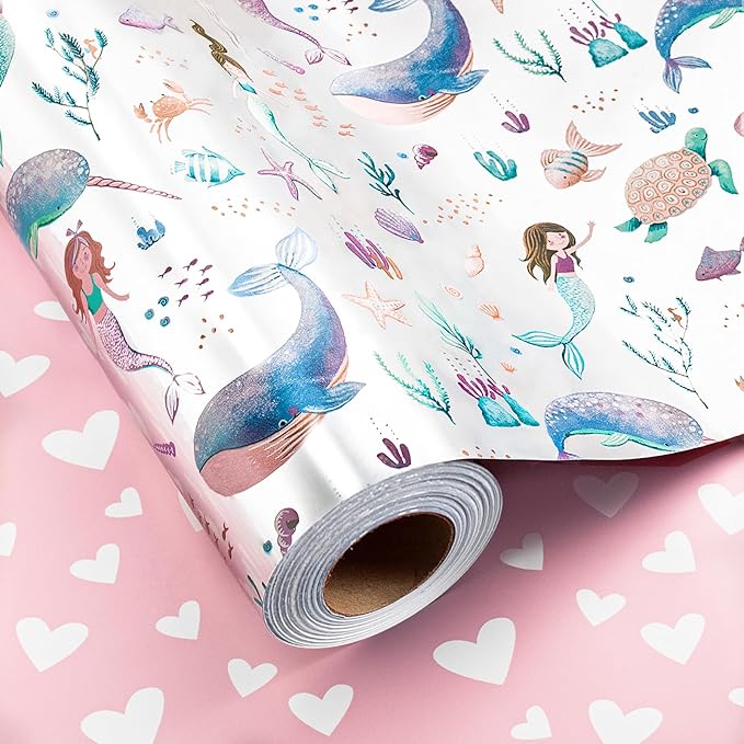 Homeral Mermaid Wrapping Paper Roll, Reversible Gift Wrap with Metallic Foil Whale, Turtle, Shell, Ocean Themed with Pink Heart for Girl Birthday, Baby Shower - Mini Roll - 17 Inch x 16.5 Feet