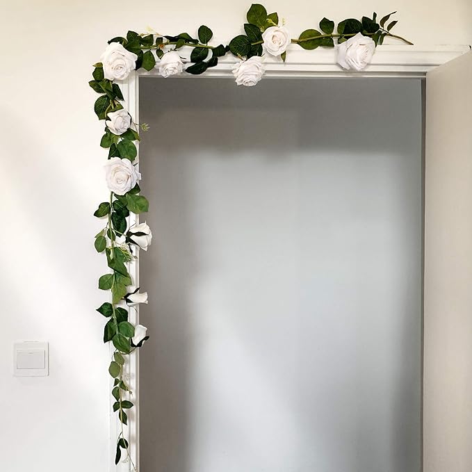 FiveSeasonStuff Floral White Artificial Silk Roses Flower Garland, Bendable Hanging Vine (2pcs, 11ft)