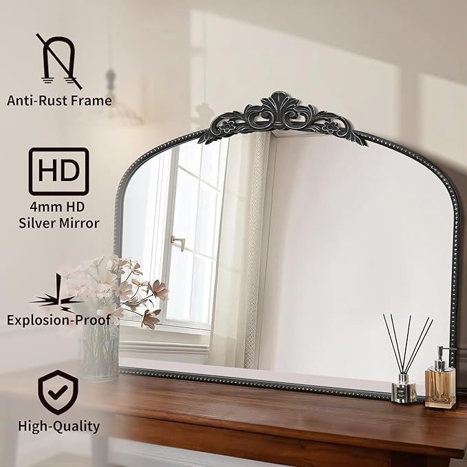 Micasso Vintage Black Arched Mirror: 36"x29" French Baroque Antique Wall Mounted Mirror - Traditional Ornate Decorative for Wall/Fireplace/Entryway/Bathroom/Hallway - Home Decor for Living Room