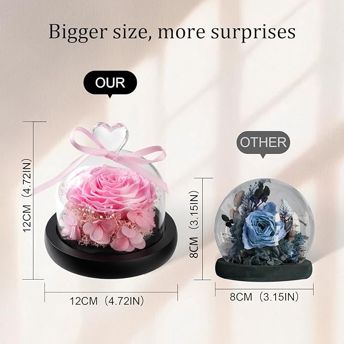 Flowers for Delivery - Forever Flowers Rose in Glass Dome with LED Lights, Large Size Preserved Roses Gifts for Women, Mom, Wife, Friend -Birthday, Anniversary, Valentine's Day Gift (Pink)