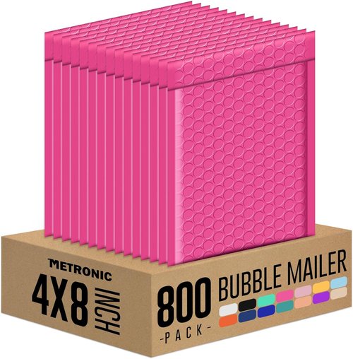 Metronic Small Bubble Mailers - 4x8 Inch Self-Seal Padded Envelopes | 800PC Hot Pink Bulk Pack for Small Business