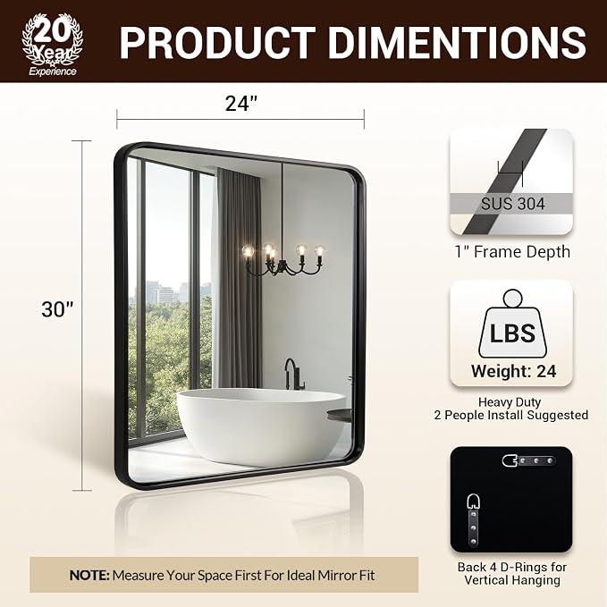 ANDY STAR 24x30’’ Black Bathroom Mirror, Black Bathroom Vanity Mirrors for Wall, Rounded Rectangle Mirror for Bathroom Sink, Tube Metal Frame, 1’’ Deep Wall Mounted Vertical/Horizontal
