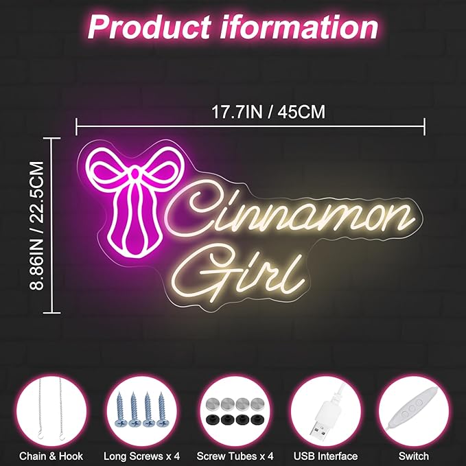 Cinnamon Girl with Bow Tie Neon Sign Sweet Cinnamon Girl Sign Room Art Decor Lana Del Rey Neon Sign Bedroom Wall Decor,Encouraging Light, Club-Warm White-17.7"x8.86"