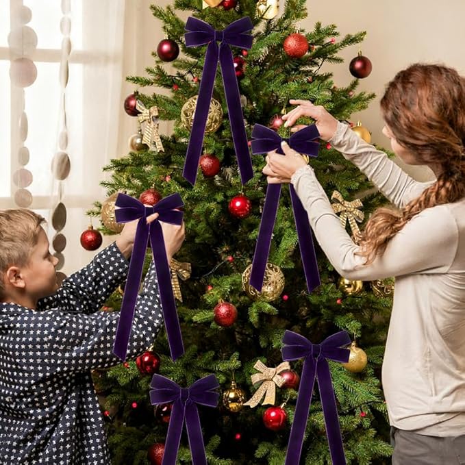 JOICEE 15Pcs Velvet Bows Christmas Tree Decorations, 5 x 12 Inch Wreath Bows Rustic Crafts Gift Ribbon Bow for Xmas Tree Topper Garland Fireplace Mantel Staircase Wedding Home Decor(Purple)
