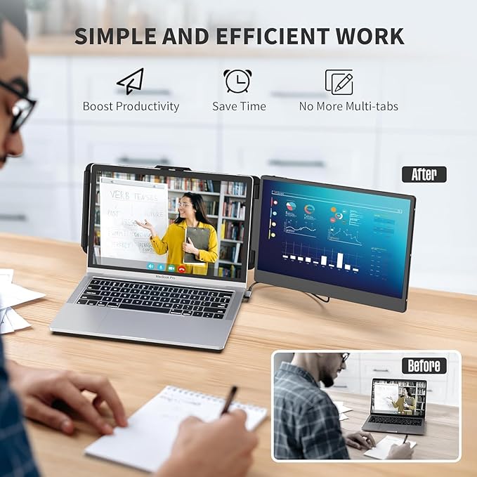 FEZOBR Laptop Screen Extender, 14" FHD 1080P IPS Laptop Monitor Extender Dual Screen, Travel Monitor for 13-17" Laptops with USB-C/HDMI Port, Plug and Play for Windows/Mac/Android