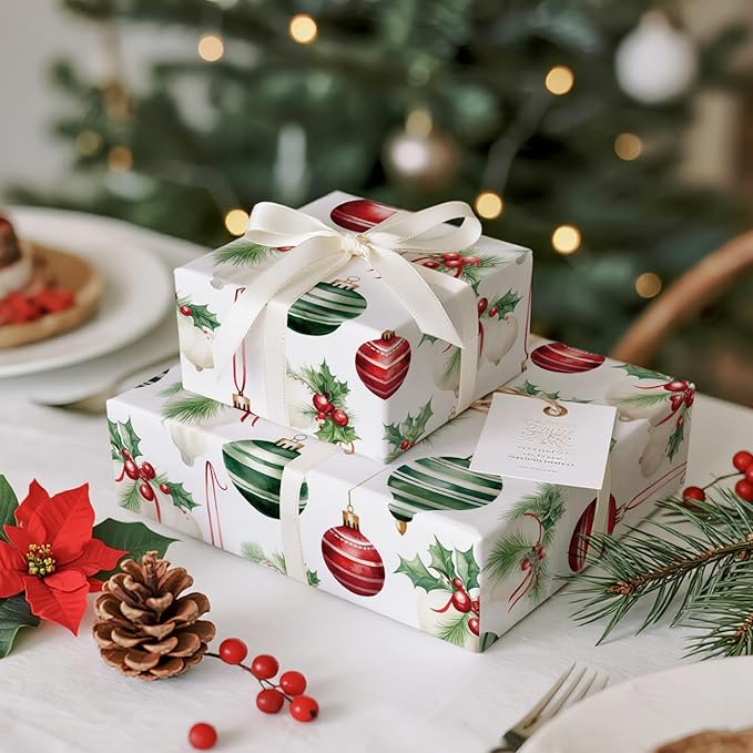 LeZakaa Christmas Wrapping Paper Roll – 17 in x 16.4 ft Gift Wrap with Red & Green Ornaments, Holly & Bells Holiday Design for Christmas Presents & Party Gifts