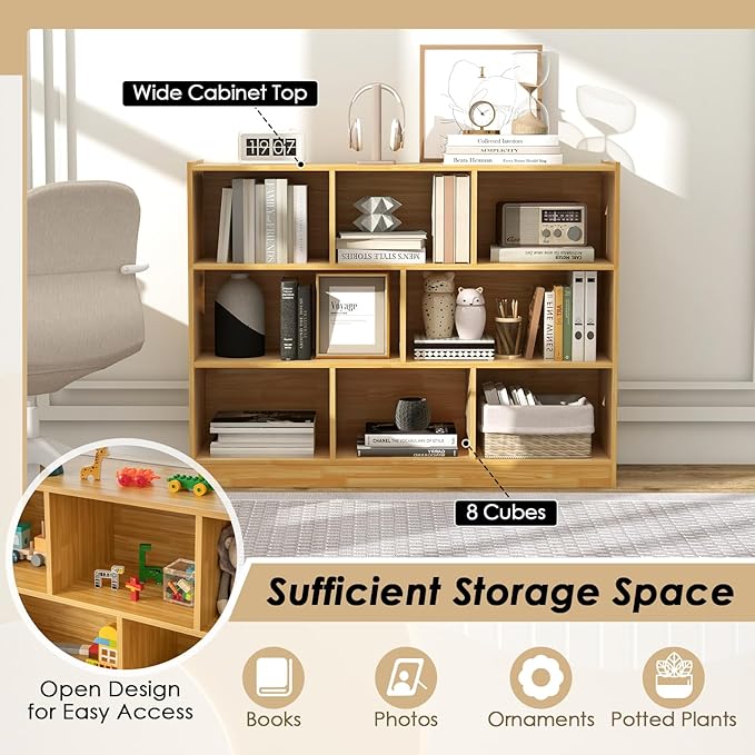 Toy Storage Organizer, 3-Tier Kids Bookshelf, 8 Cube Kids' Bookcases, Cabinets & Shelves, Wooden Toy Organizers, Small Book Shelf for Bedroom, Playroom, Classroom, Nursery (Burlywood)