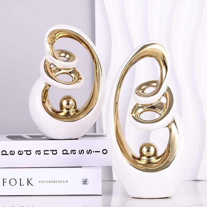 Modern Abstract Porcelain Sculpture, White Gold Show Piece for Home, Knick Knacks for Decor, Tv Stand Centerpiece