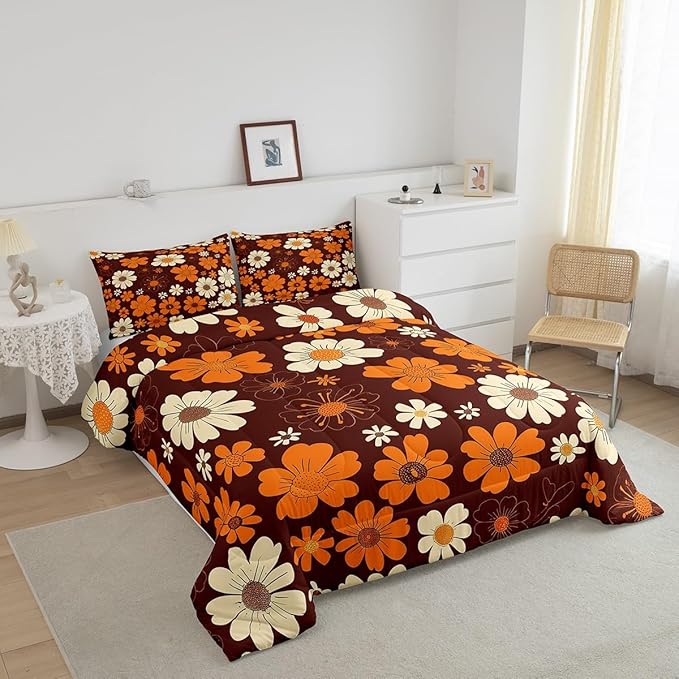 Castle Fairy 70s Groovy Flowers Bedding Comforters Queen Size,Hippie Retro Farmhouse Plant Comforter Set with 2 Pillowcases,Brown White Yellow Floral 3pcs Children Adult Duvet Set,Soft
