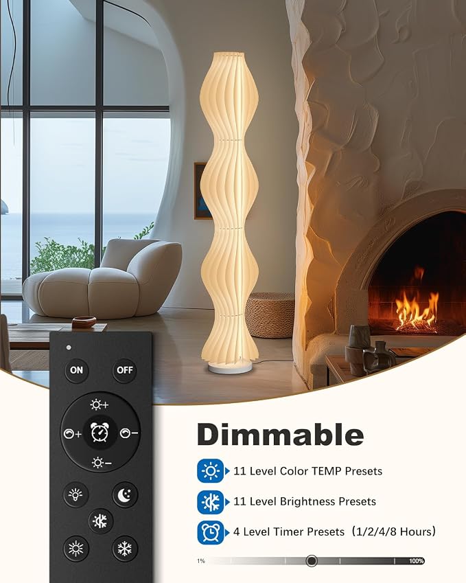 TACAHE Wave Skirt Floor Lamp - 3 Color Temp & Dimmable - Column Standing Floor Lamp with Foot Switch & Remote - 21 Sheets Lampshade - Modern Ambient Light for Living Room - 30W - 66"