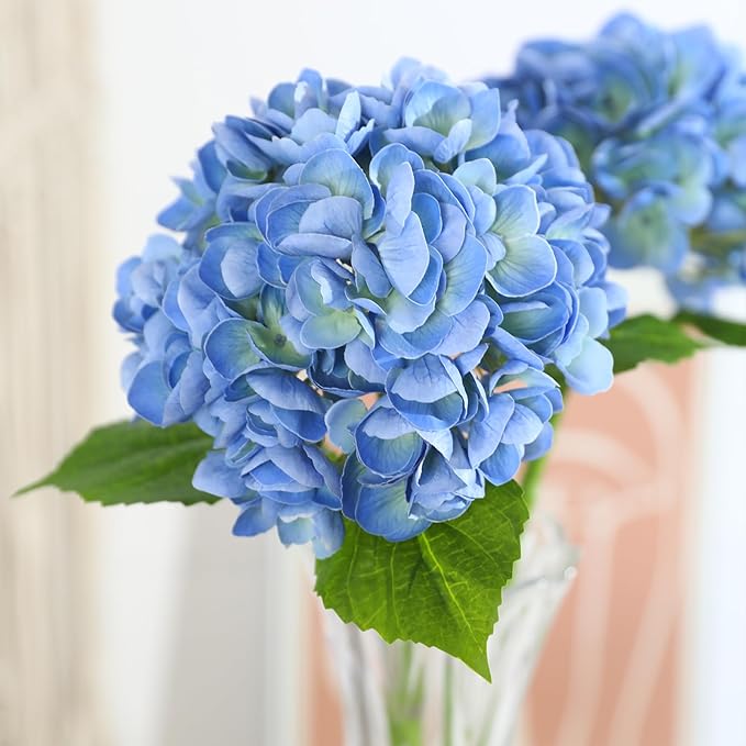 2Pcs Hydrangea Artificial Flowers, 22.44" Real Touch Latex Faux Hydrangea with Long Stems & Leaves for Home Office Decor or Wedding, Party, Centerpieces, Floral Arrangements (Blue)