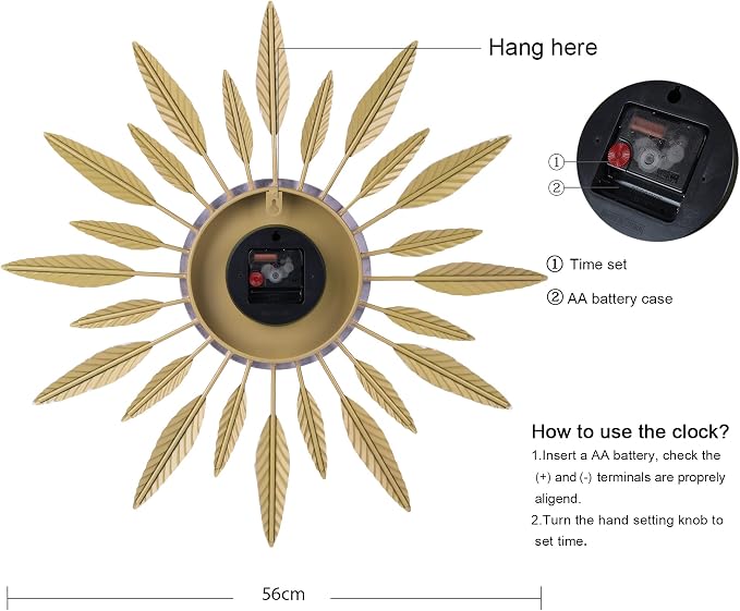 Lafocuse 23 Inch Silent Large Wall Clock for Living Room Décor, Decorative Mid Century Wall Clock, Sunburst Starburst Wall Clocks Battery Operated, Modern Art Deco