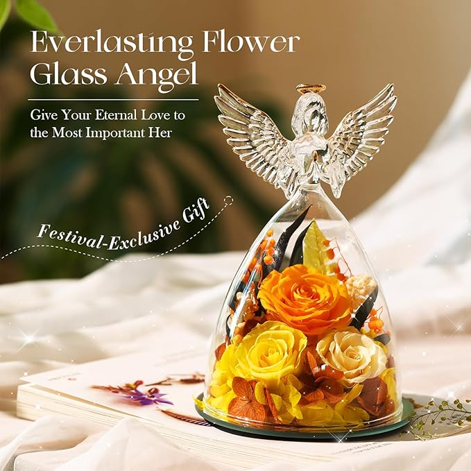 Christmas Roses Gifts for Mom,Preserved Real Flowers Roses in Glass Angel Figurines, for Grandma Women Mom Wife Mother in Law/Yellow