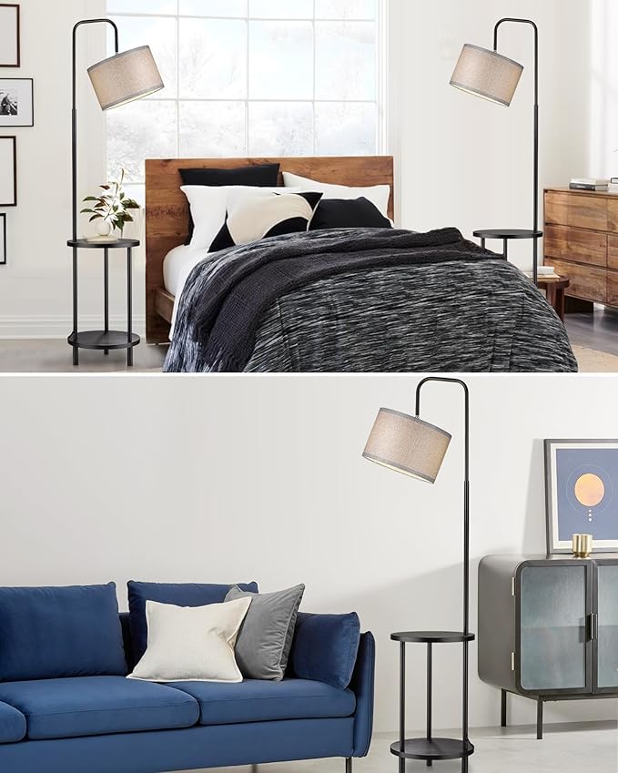 ELYONA Modern Floor Lamp for Living Room, Solid Wood Side Table Lamp with Grey Fabric Drum Shade, 3-Color Temperatures End Table Standing Light for Bedroom, Living Room, LED Bulb Included, Matte Black
