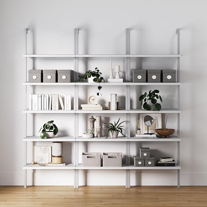 Nathan James Theo 5-Shelf Modern Bookcase, Open Wall Mount Ladder Bookshelf with Industrial Metal Frame, White, Set of 3