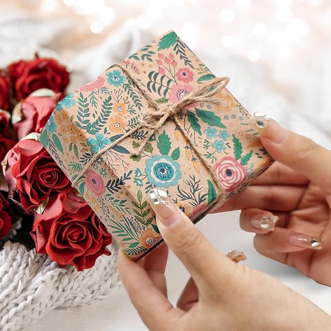 VCOOHM Floral Kraft Wrapping Paper Roll – 17 Inch x 16.4 Feet – Elegant Garden Flower Design – Gift Wrap for Birthday, Wedding, Baby Shower, Bridal Shower and More
