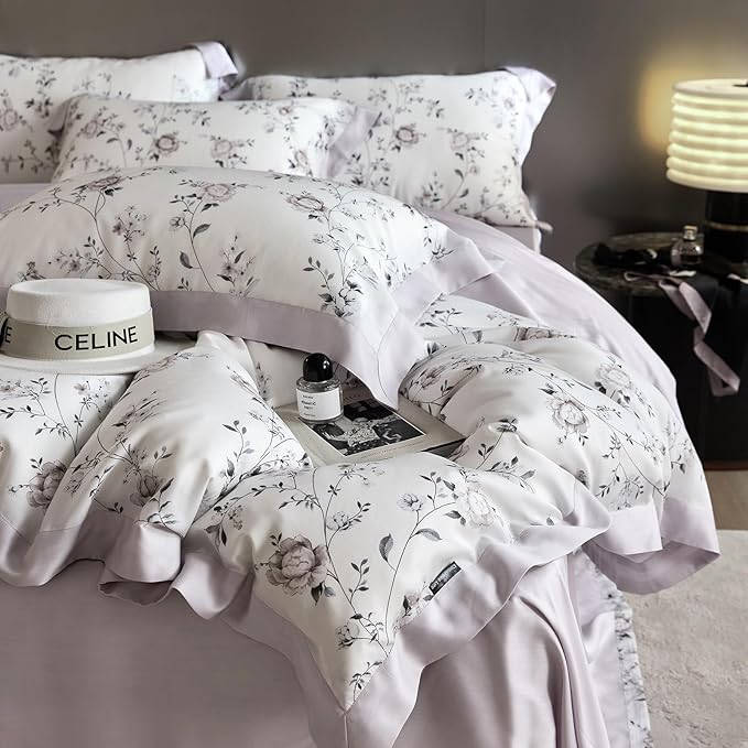 VM VOUGEMARKET Lyocell Duvet Cover King with 2 Pillow Shams,Vintage Garden Flower Bedding Set,Silky Soft, Cool-to-The-Touch Comforter Cover for Hot Sleeper-King,Purplish Grey