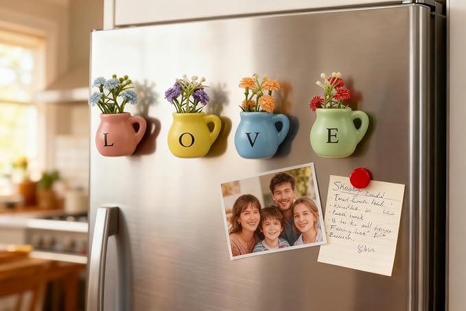 Vase Magnets for Refrigerator, Set of 4 Love Mini Ceramic Vases with Faux Flowers, Gift for Valentine's Day, Anniversary, Mother's Day, Housewarming for Her/Him/Mom
