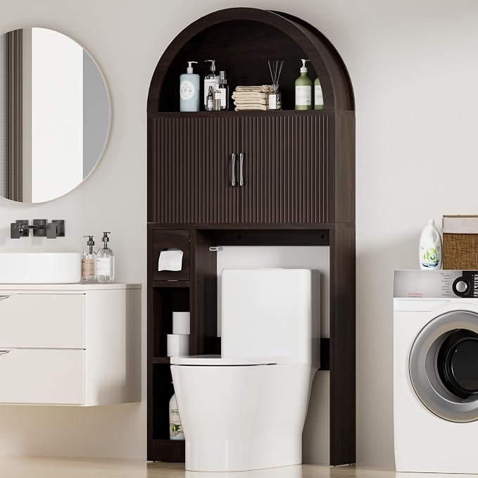 Spurgehom Over The Toilet Storage Cabinet, Bathroom Shelf Organizer Freestanding, Bathroom Arch Cabinet Over Toilet with Toilet Paper Holder and Anti-Tipping Device (Coffee)