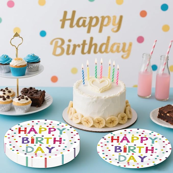 50PCS Happy Birthday Party Paper Plates 7 Inch, Disposable Colorful Polka Dots Cake Dessert Plates for Picnic Baby Shower Party Decorations (Birthday)