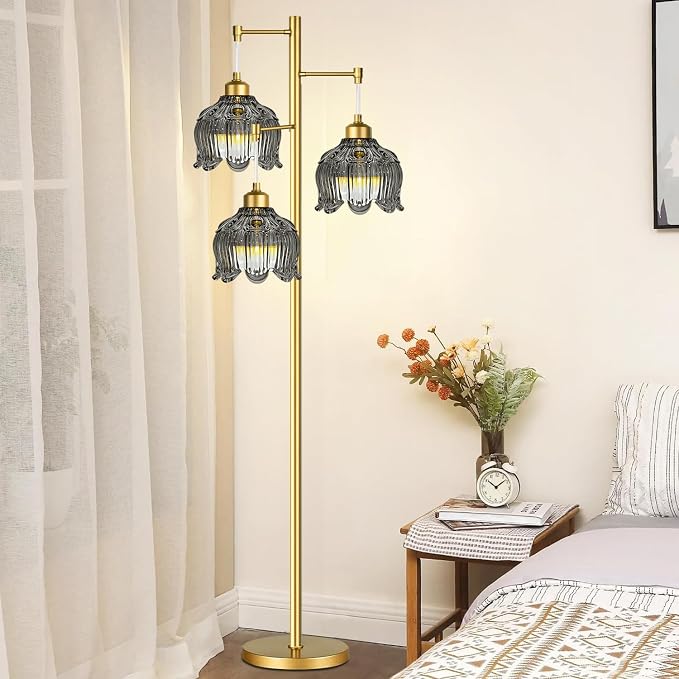 ILLMTW Glass Floor Lamp for Living Room,Bedroom,Gold Mid Century Modern Standing Lamp Brass Tree 3 Light Tall Floor Lamps Vintage Retro Floor Lights Grey Flower Lamp Shade Farmhouse Boho Bohemian