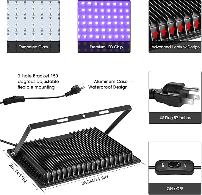 4 Pack 400W LED Black Light,Black Flood Light Outdoor with Plug and Switch, IP66 Waterproof 395nm to 405nm LED UV Blacklight Neon Glow for Glow Party, Halloween, Fluorescent Poster, Body Paint