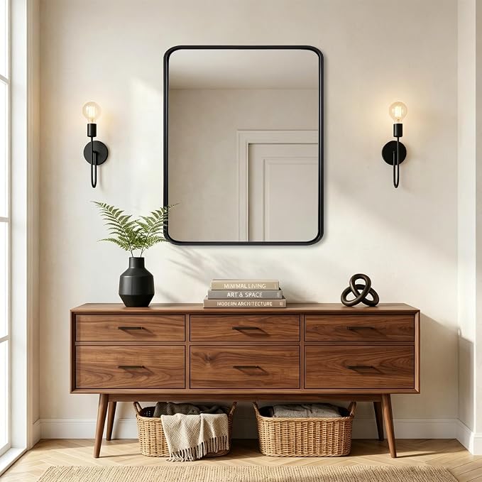 ANDY STAR 24x30’’ Black Bathroom Mirror, Black Bathroom Vanity Mirrors for Wall, Rounded Rectangle Mirror for Bathroom Sink, Tube Metal Frame, 1’’ Deep Wall Mounted Vertical/Horizontal