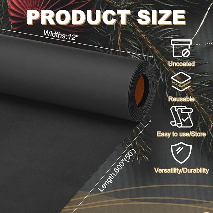 PATIKIL Wrapping Paper, 12"x600"(50') Bulletin Board Paper Roll Kraft Paper Roll Construction 80GSM for Shipping Packing Gift Wrapping Craft Flower Bouquet Christmas, Black