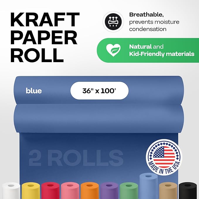 36" x 1200" (100 ft) Blue Kraft Paper Roll, Pack of 2 - USA-Made Quality Craft Paper for Gift Wrapping, Kids' Arts & Crafts, School Projects - 100% Recycled, 50 lb Natural Material by IDL Packaging